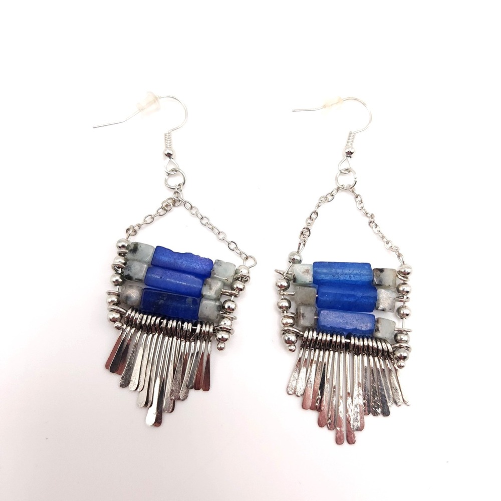 Paparazzi Riverbed Bounty Blue Earrings Silver Tone Boho Dangle Stone Jewelry